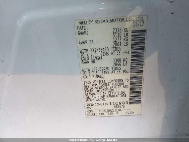 5N1AZ2MG1JN110889 Nissan Murano Platinum
