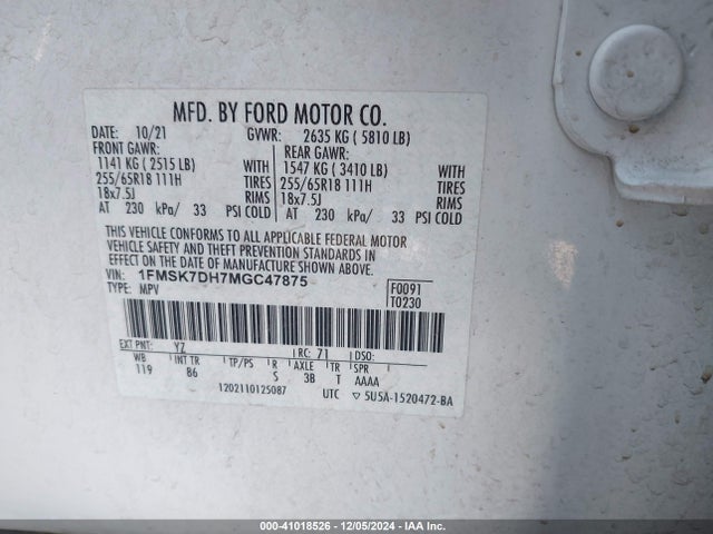 Ford EXPLORER XLT 2021 1FMSK7DH7MGC47875 Image 9