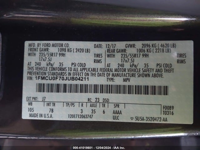 Ford ESCAPE S 2018 1FMCU0F70JUB04211 Image 9