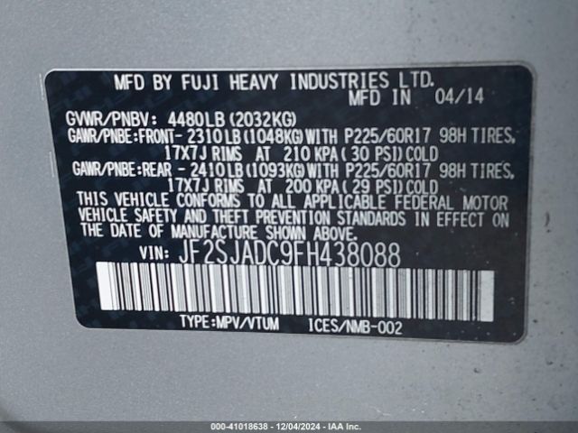JF2SJADC9FH438088 Subaru Forester 2.5i Premium