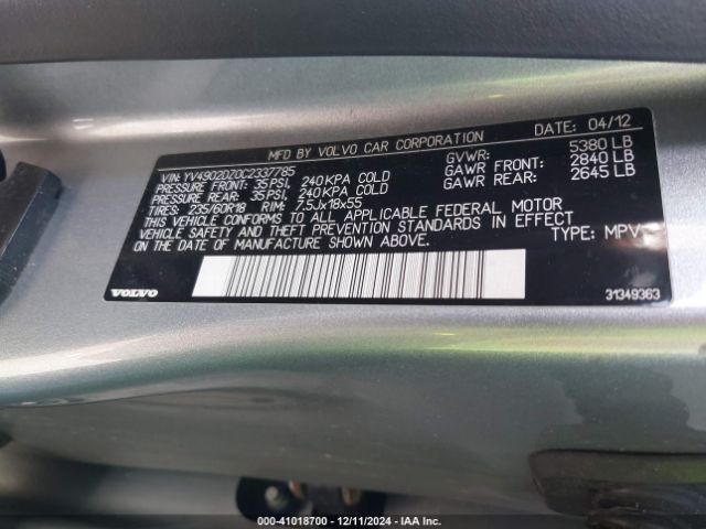 2012 VOLVO XC60 YV4902DZ0C2337785 Photo 8
