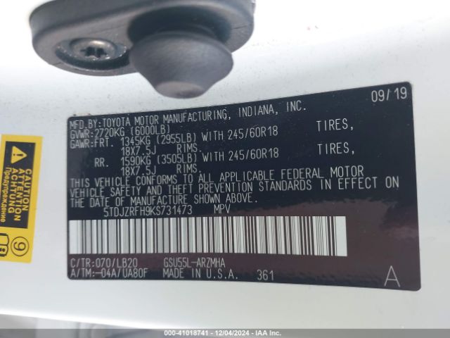 5TDJZRFH9KS731473 Toyota Highlander Xle