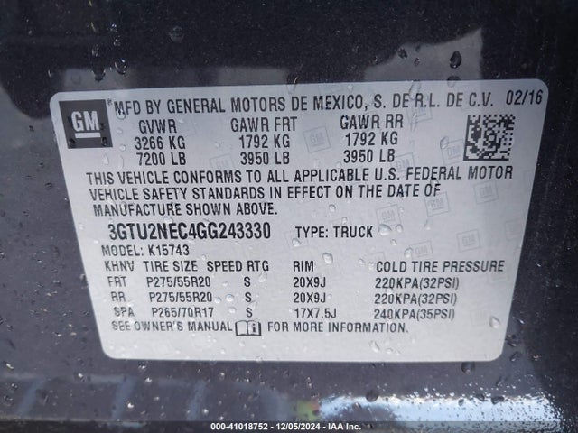 Продажа на аукционе авто 2016 Gmc Sierra 1500 Slt, vin: 3GTU2NEC4GG243330, номер лота: 41018752