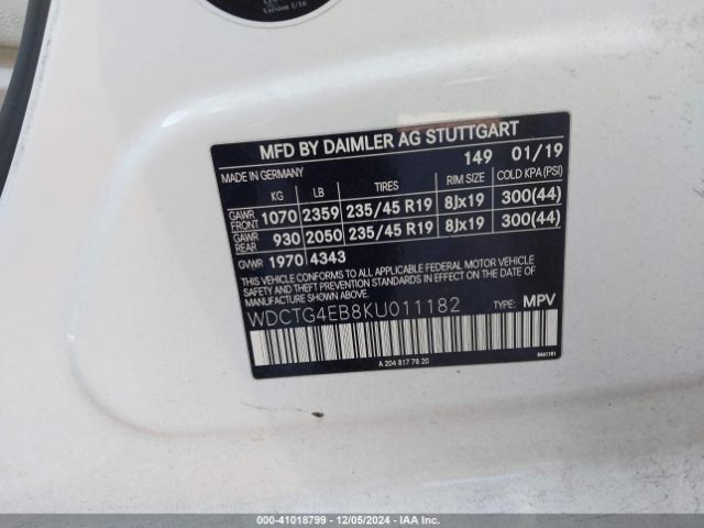WDCTG4EB8KU011182 Mercedes-Benz GLA 250