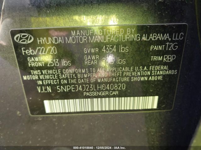 5NPEJ4J23LH040820 Hyundai Sonata Sel Plus