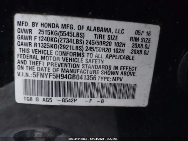 5FNYF5H94GB041356 Honda Pilot Touring