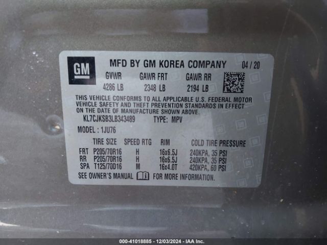 KL7CJKSB3LB343489 Chevrolet Trax Fwd Ls