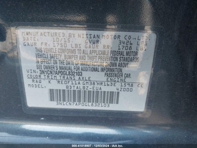 Nissan Versa S/s Plus/sv/sl 2016 3N1CN7APOGL832103 Image 9