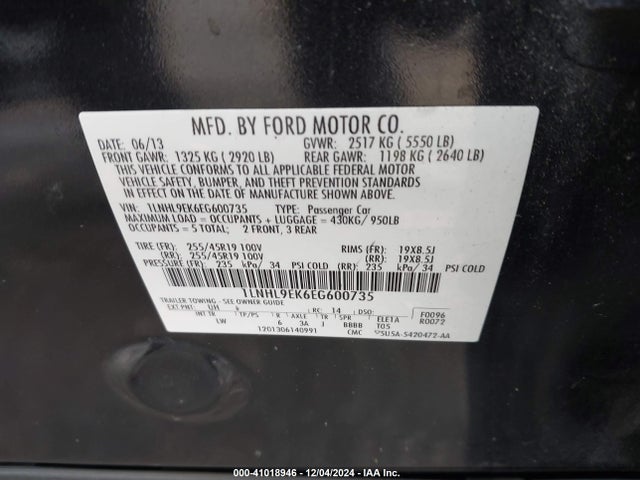 Lincoln MKS 2014 1LNHL9EK6EG600735 Image 9