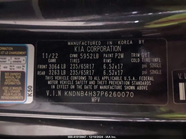 KNDNB4H37P6260070 KIA Carnival Mpv Lx Seat Package