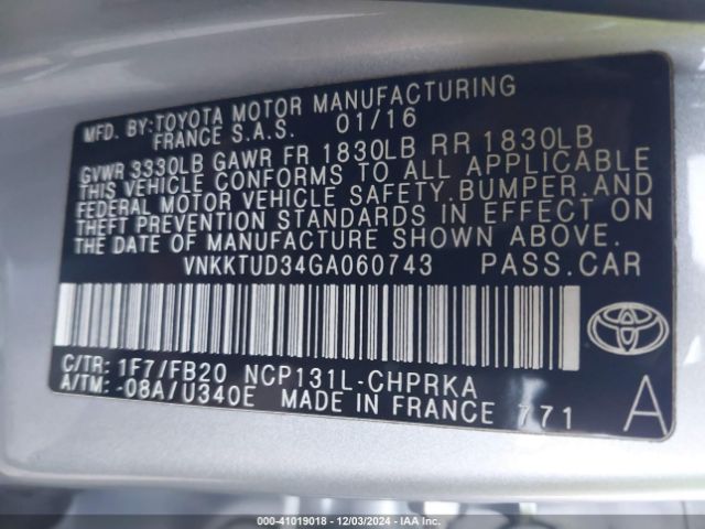 VNKKTUD34GA060743 Toyota YARIS LE