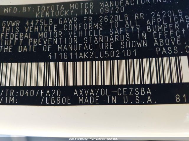 4T1G11AK2LU502101 Toyota CAMRY SE