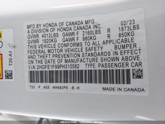 2HGFE1F99PH310582 Honda Civic Touring