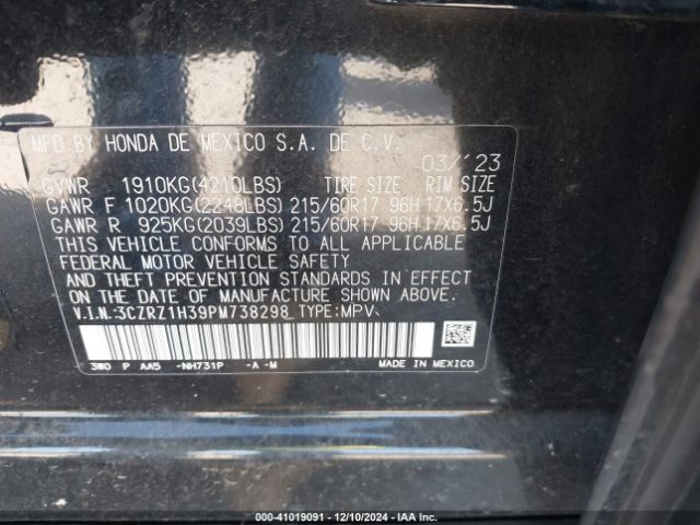 3CZRZ1H39PM738298 Honda Hr-v 2wd Lx