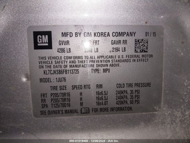 KL7CJKSB6FB113725 Chevrolet Trax 1ls