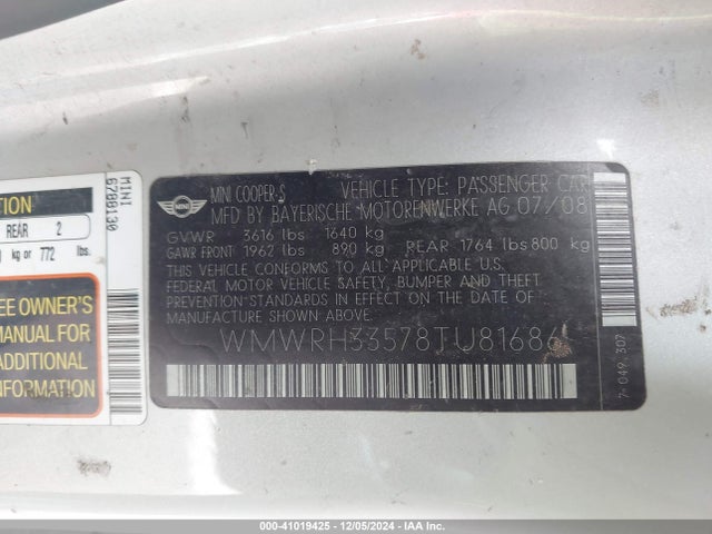 2008 MINI COOPER S WMWRH33578TU81686 Photo 8