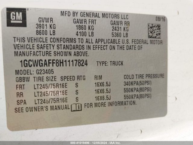 1GCWGAFF8H1117824 Chevrolet Express 2500 Work Van