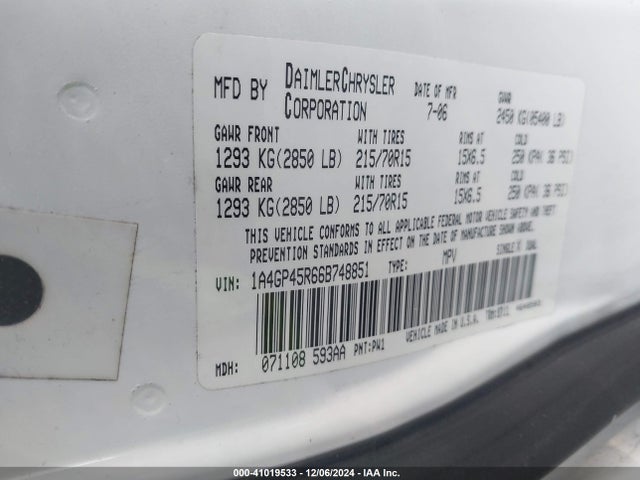 Aukcja sprzedaży 2006 Chrysler Town & Country, vin: 1A4GP45R66B748851, numer aukcji: 41019533