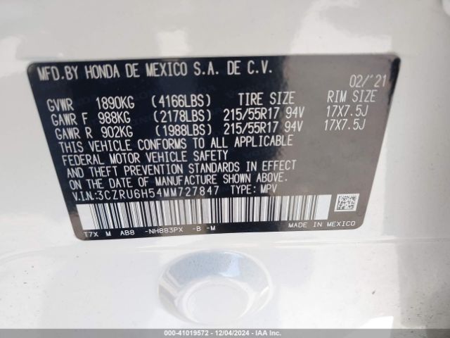 3CZRU6H54MM727847 Honda Hr-v Awd Ex