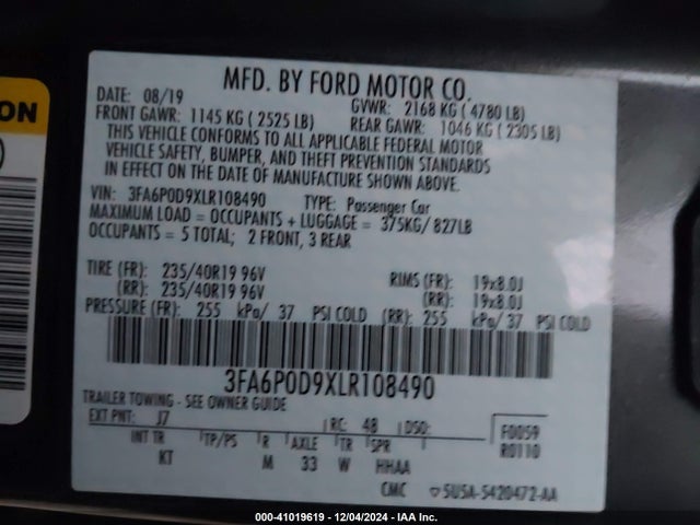 Ford Fusion Titanium 2020 3FA6P0D9XLR108490 Image 9