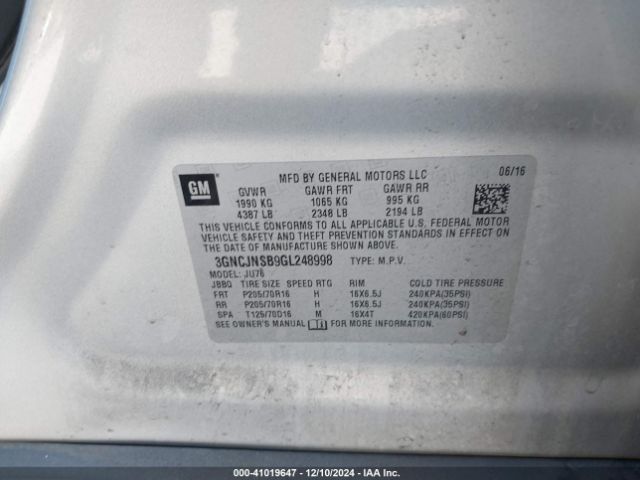 3GNCJNSB9GL248998 Chevrolet Trax 1ls