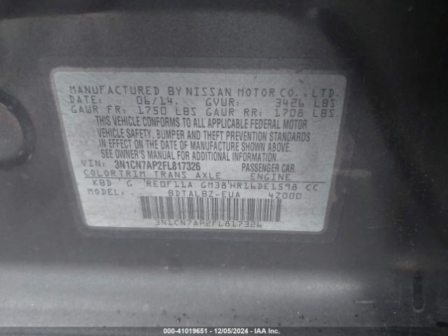 3N1CN7AP2FL817326 Nissan Versa 1.6 Sv