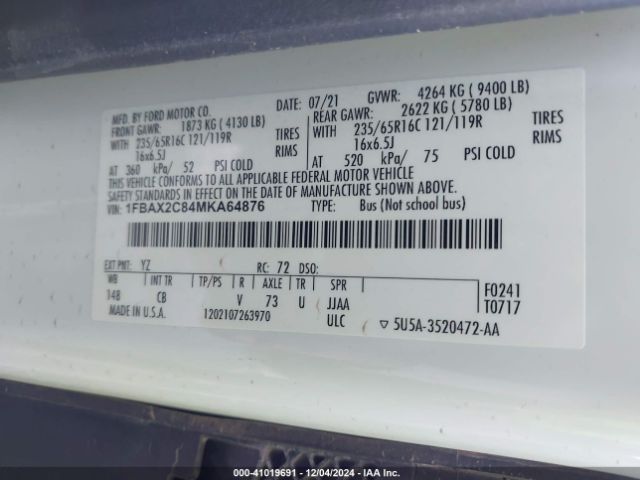 1FBAX2C84MKA64876 Ford Transit-350 Passenger Van Xlt