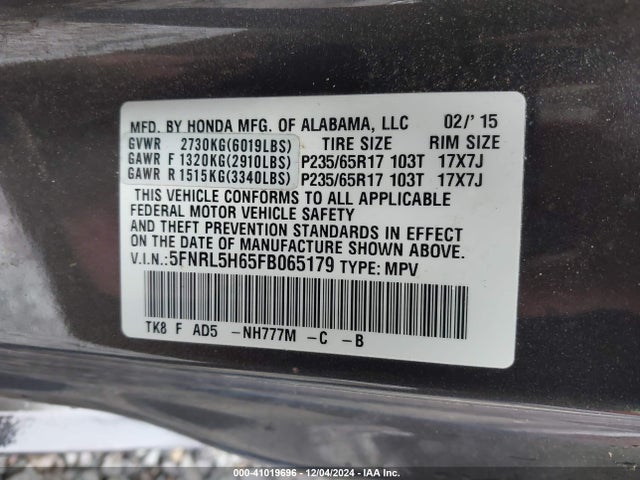 Honda Odyssey Ex-l 2015 5FNRL5H65FB065179 Image 9
