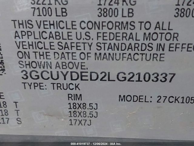 3GCUYDED2LG210337 Chevrolet Silverado 1500 4wd  Short Bed Lt