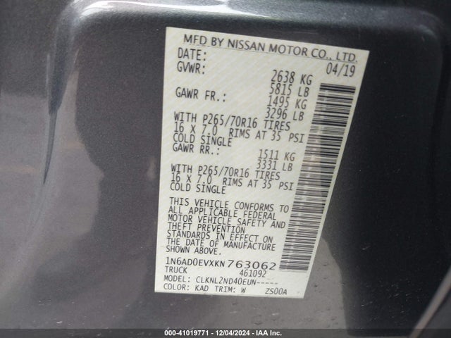 Nissan Frontier Sv 2019 1N6AD0EVXKN763062 Image 9