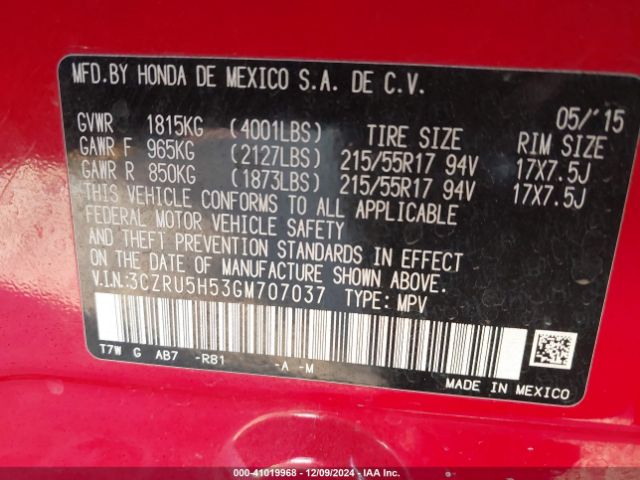 3CZRU5H53GM707037 Honda HR-V EX
