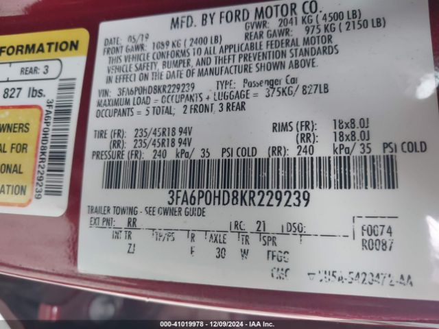 2019 FORD FUSION 3FA6P0HD8KR229239 Photo 8