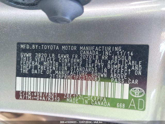 Toyota Corolla Eco/eco Plus/eco Premium 2015 2T1BPRHE1FC310083 Image 9
