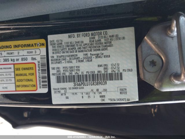 3FA6P0LU1GR389039 Ford Fusion Hybrid Se