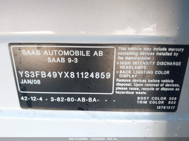 2008 SAAB 9-3 YS3FB49YX81124859 Photo 8