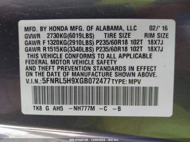 5FNRL5H9XGB072477 Honda Odyssey Touring/touring Elite