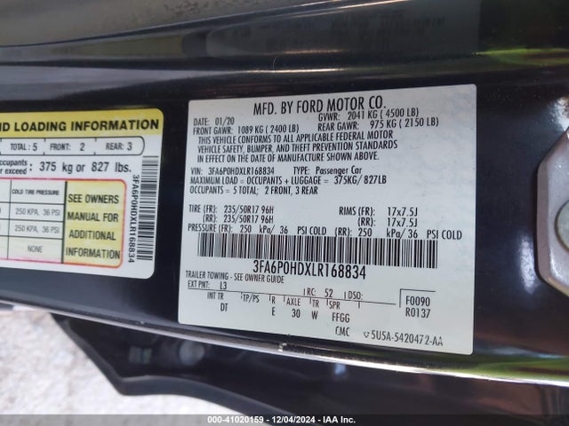 Ford FUSION SE 2020 3FA6P0HDXLR168834 Image 9