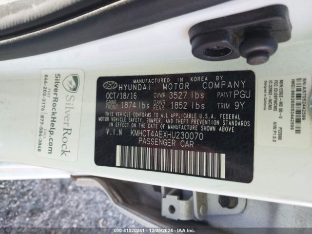 KMHCT4AEXHU230070 Hyundai ACCENT SE
