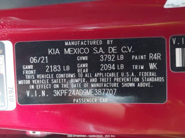 3KPF24AD9ME387707 KIA Forte Lxs