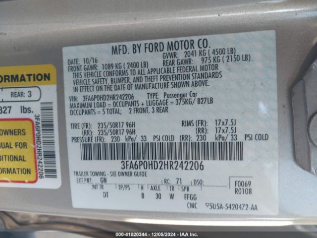 3FA6P0HD2HR242206 Ford FUSION SE