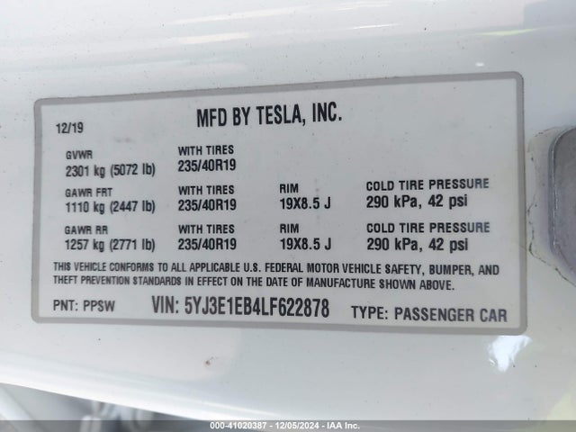 5YJ3E1EB4LF622878 Tesla Model 3 Long Range Dual Motor All-wheel Drive
