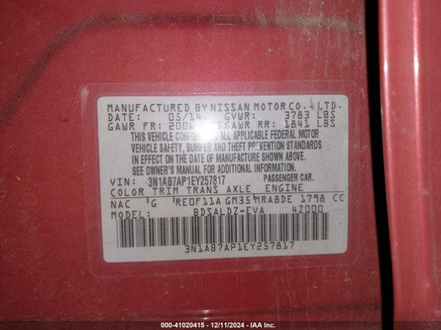 3N1AB7AP1EY257817 Nissan Sentra Fe+ S/fe+ Sv/s/sl/sr/sv
