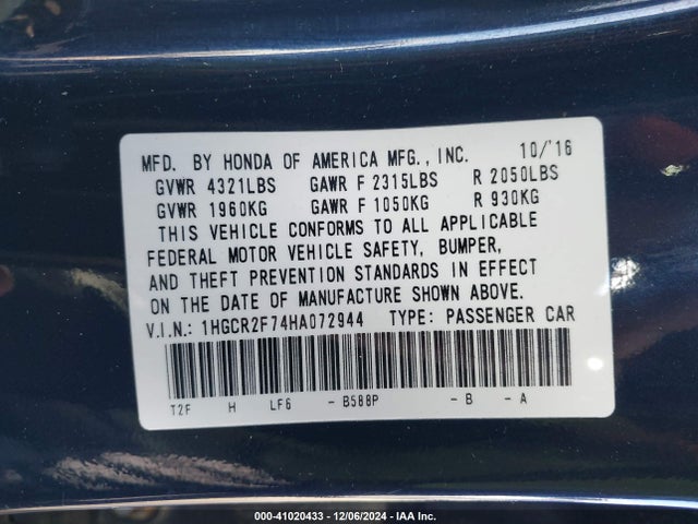 Honda ACCORD EX 2017 1HGCR2F74HA072944 Image 9