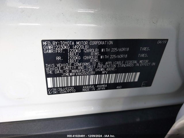 JTMEWRFVXKD505289 Toyota Rav4 Hybrid Xse