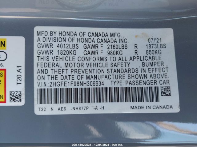 2HGFE1F98NH306634 Honda Civic Touring