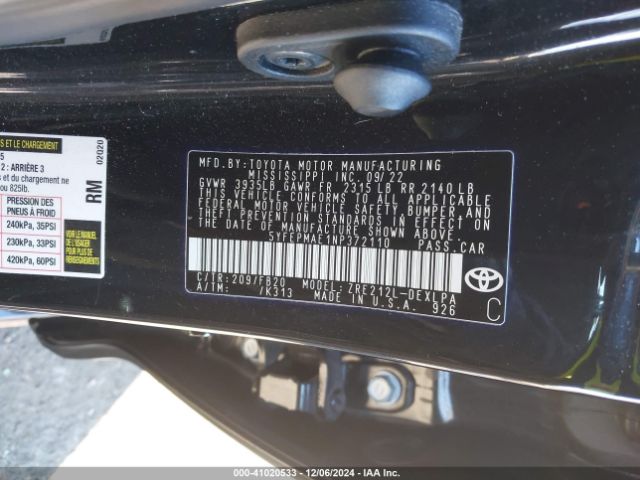 5YFEPMAE1NP372110 Toyota COROLLA LE