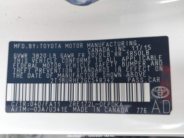 2T1BURHE2GC548342 Toyota COROLLA L