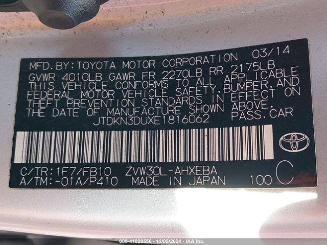 JTDKN3DUXE1816062 Toyota Prius Two