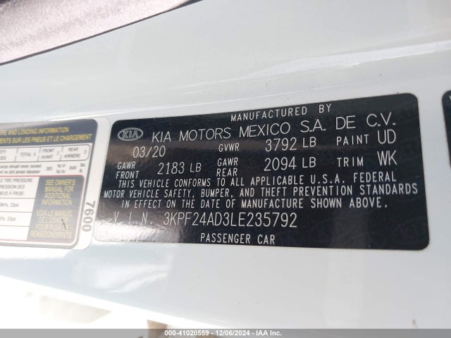 3KPF24AD3LE235792 KIA FORTE FE