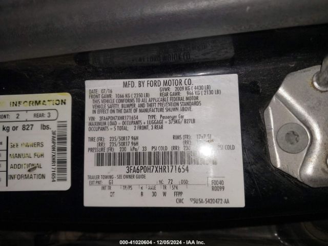 3FA6P0H7XHR171654 Ford FUSION SE